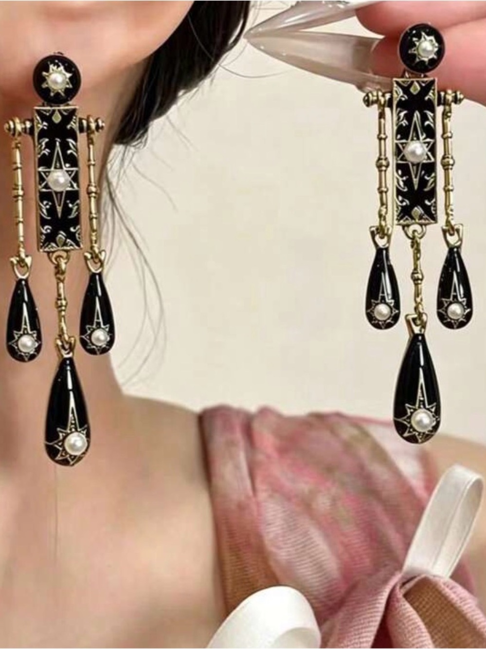 Elegant Black Enamel and Gold Pearl Drop Earrings